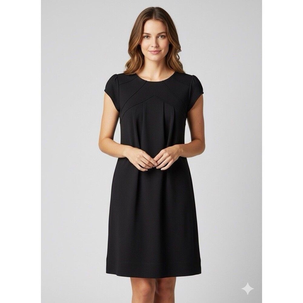 Anthropologie Black Ponte Knit Shift Dress Button Back Pleated Cap Sleeve Small